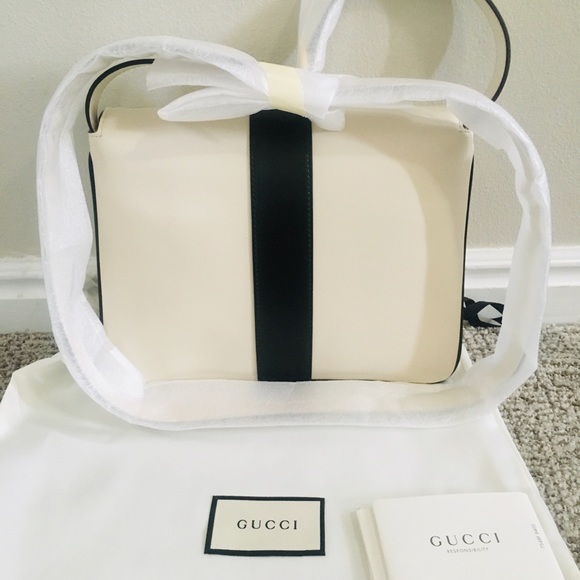 New Authentic Gucci  Leather Shoulder Bag Medium Black White - Picture 10 of 13